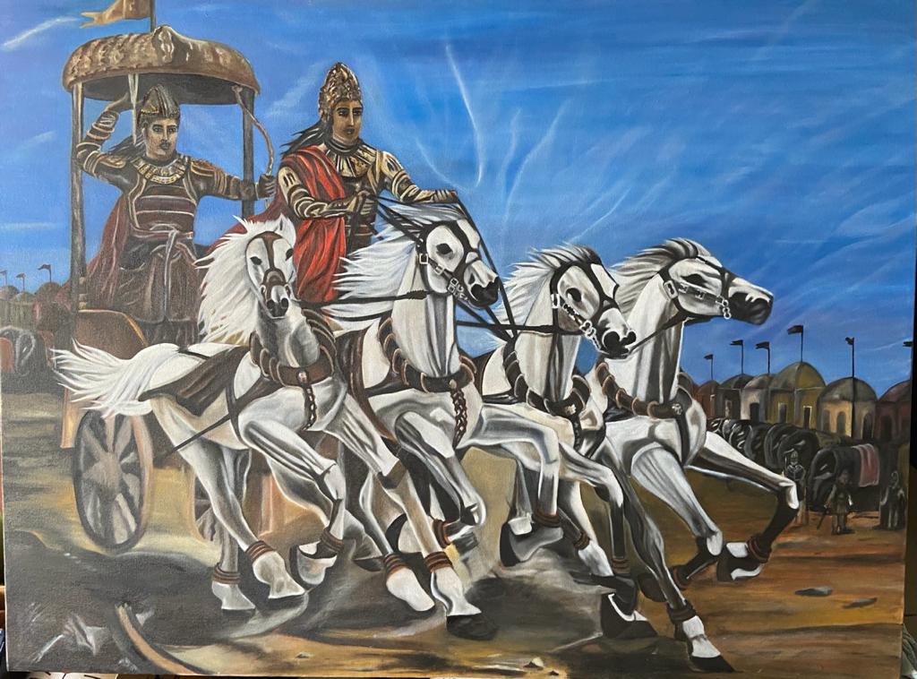 Krishna and Arjuna on chariot 