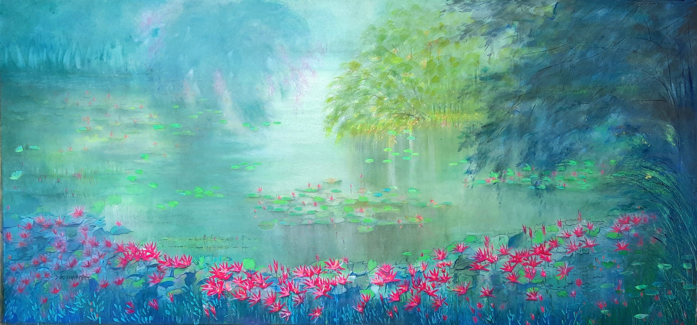 Lotus pond on a rainy day