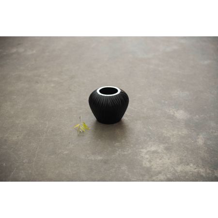 Vase, Black Glass Ribbed Hand Chiseled 