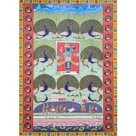 The Handmade Pichwai Painting - Shrinathji & Peacocks
