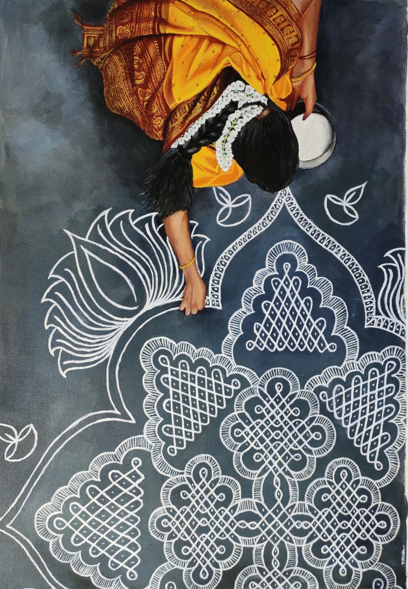 Kolam - Painting of Lady making kolam