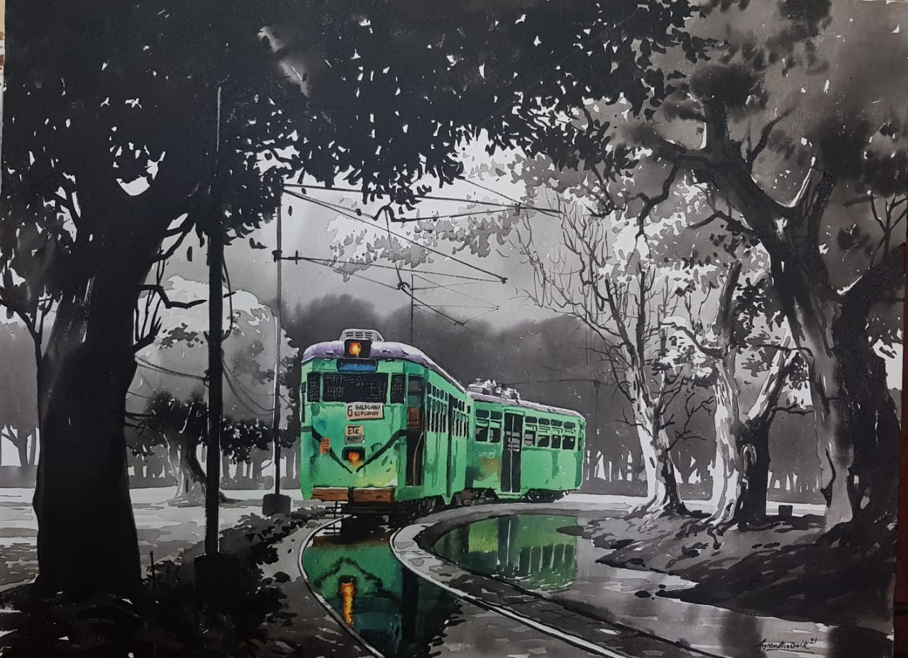 Bord And Glass Fibour Kolkata Tram Pencil Sketch, Size: 25 X 20