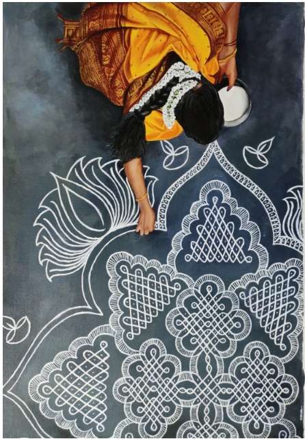 Kolam - Painting of Lady making kolam