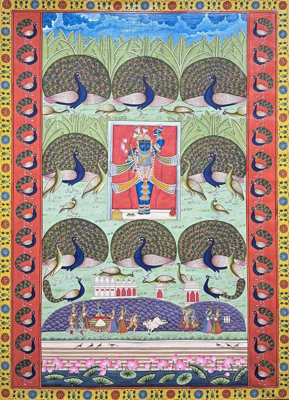 The Handmade Pichwai Painting - Shrinathji & Peacocks